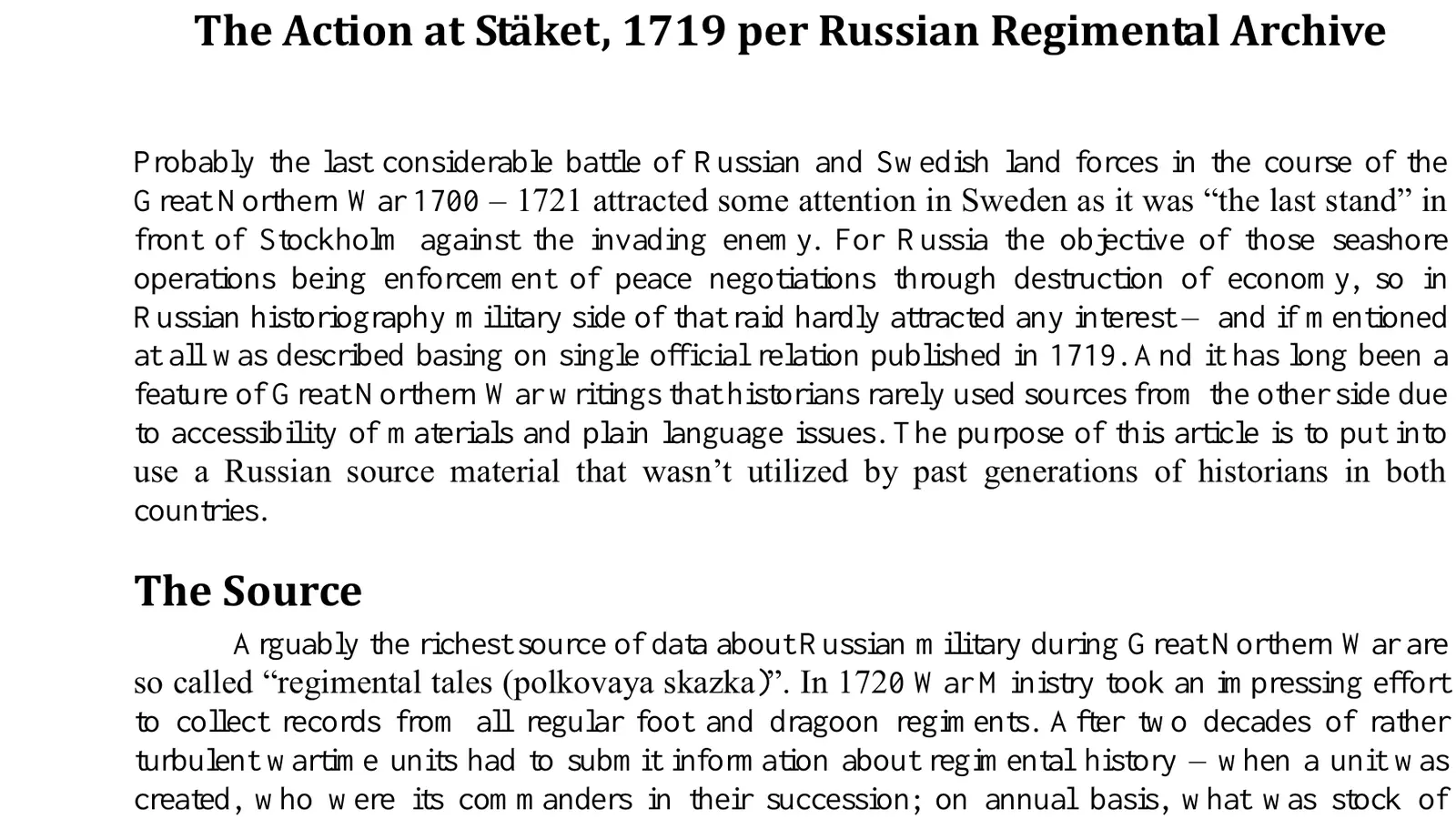 First page of Boris Megorsky's article about the action at Stäket in 1719