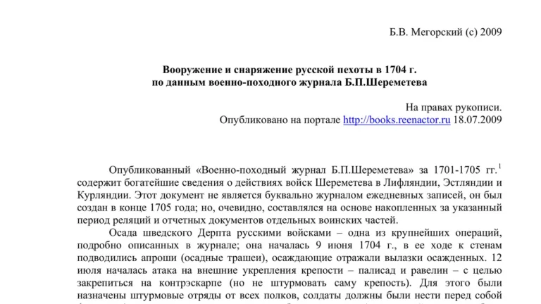 Вооружение и снаряжение русской пехоты в 1704 г. по данным военно-походного журнала Б. П. Шереметева