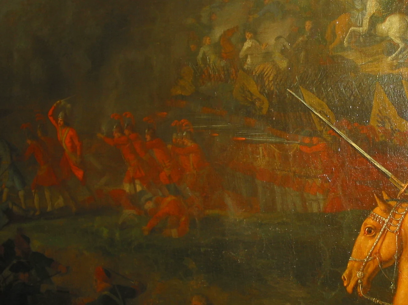 Каравак Луи. «Полтавская баталия», фрагмент. 1718 г. Государственный Эрмитаж. Уникальное изображение гвардейцев, сражающихся в камзолах без кафтанов.