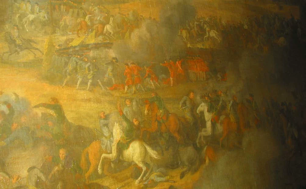 Каравак Луи. «Полтавская баталия», фрагмент. 1718 г. Государственный Эрмитаж. Русские солдаты без кафтанов.