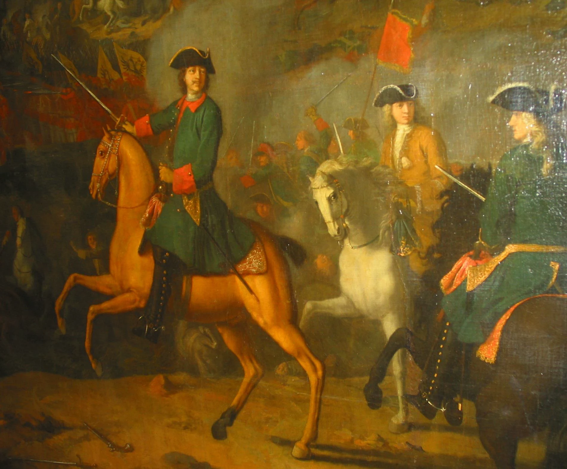 Луи Каравак. «Полтавская баталия», 1718 г. Государственный Эрмитаж. Фрагмент с изображением русских драгун в карпузах.