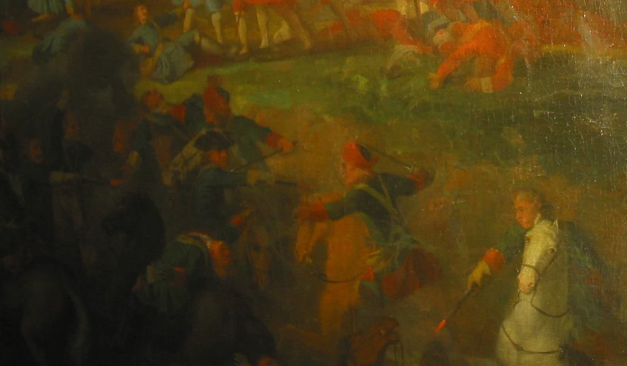 Каравак Л. «Полтавская баталия», фрагменты. 1718 г. Государственный Эрмитаж. Инв. № ЭРЖ-1913. Уникальное изображение русских драгун в карпузах. Изображение 1 из 2.