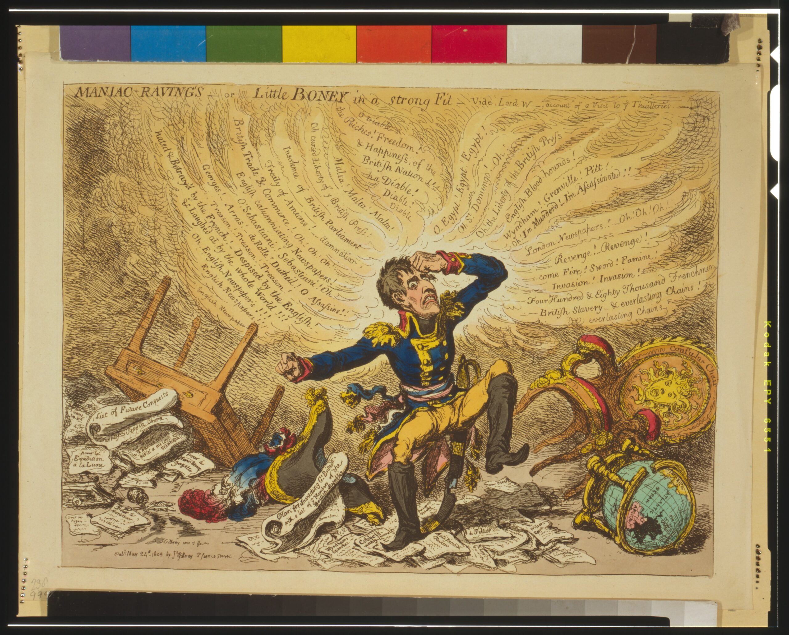 Карикатура Джеймса Гилрея «Maniac-ravings—or Little Boney in a Strong Fit», 1803 год