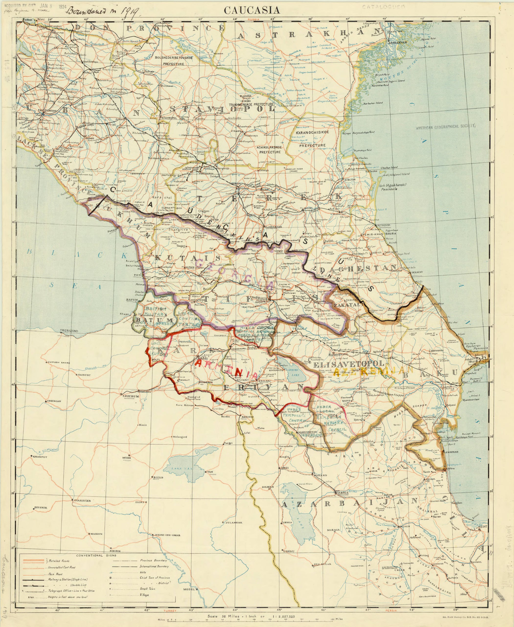 Карта Закавказья в 1918 году, составленная британской армией. В выделенных границах показаны государства-преемники ЗДФР // Great Britain. Army. Royal Engineers. Field Survey Co., 8th.