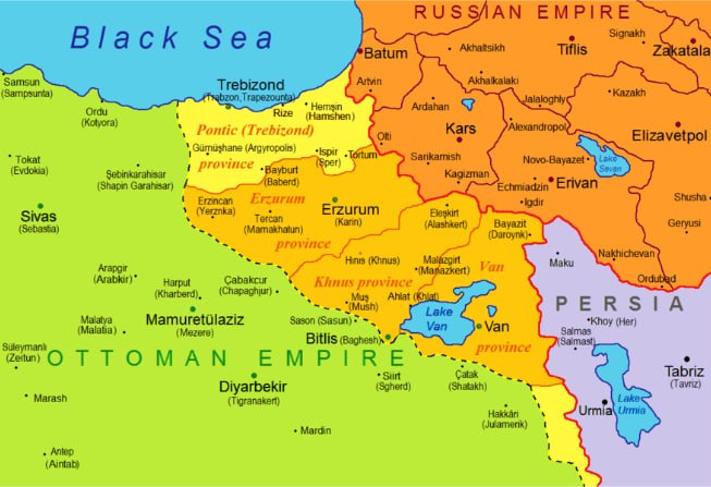 Карта административно-территориального деления областей Турции занятых русскими войсками во время Первой мировой войны в 1916-1917 гг.