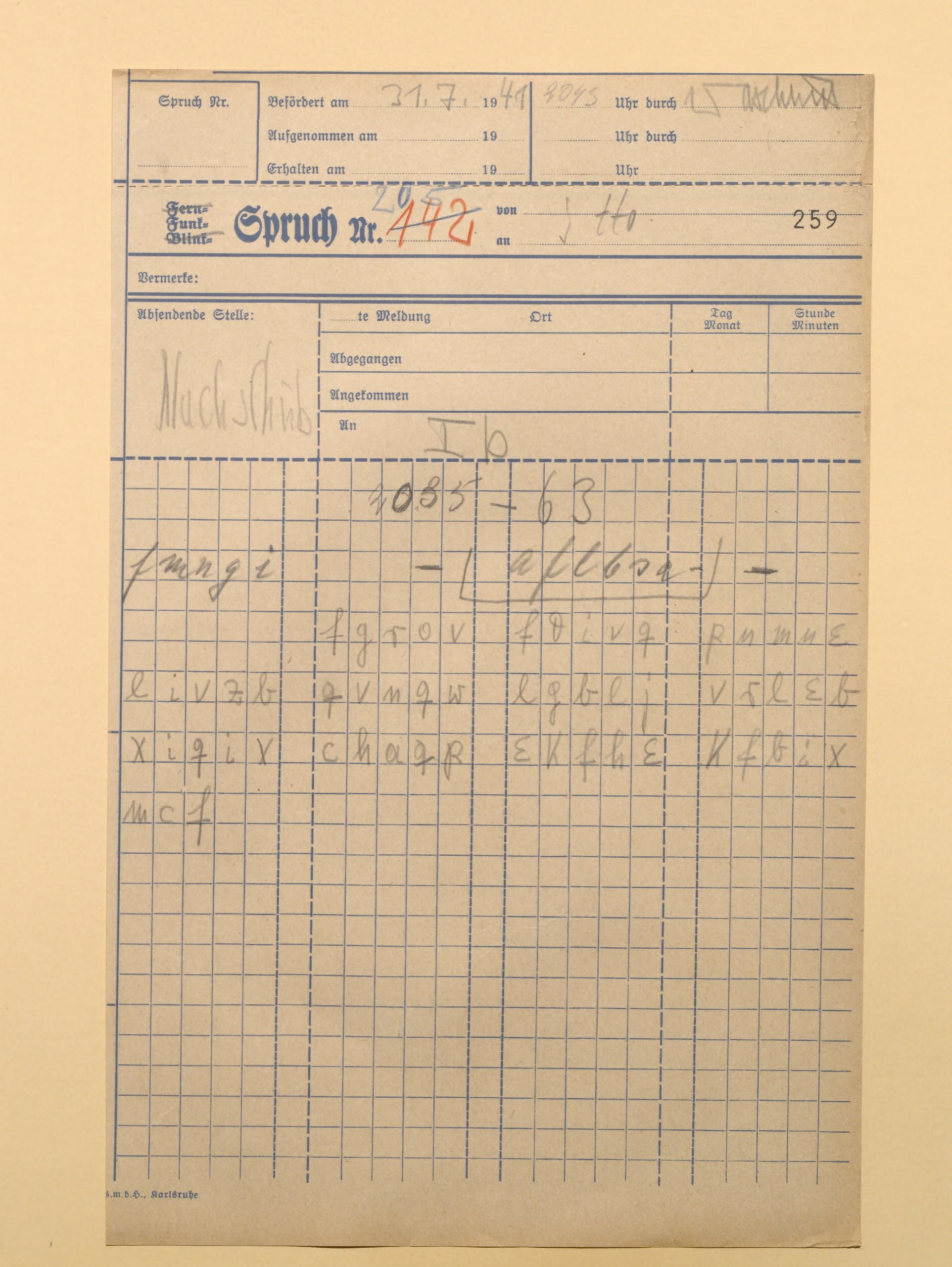 Исходящий бланк радиограммы FMNGI от 31 июля 1941 года, № 205 NF.