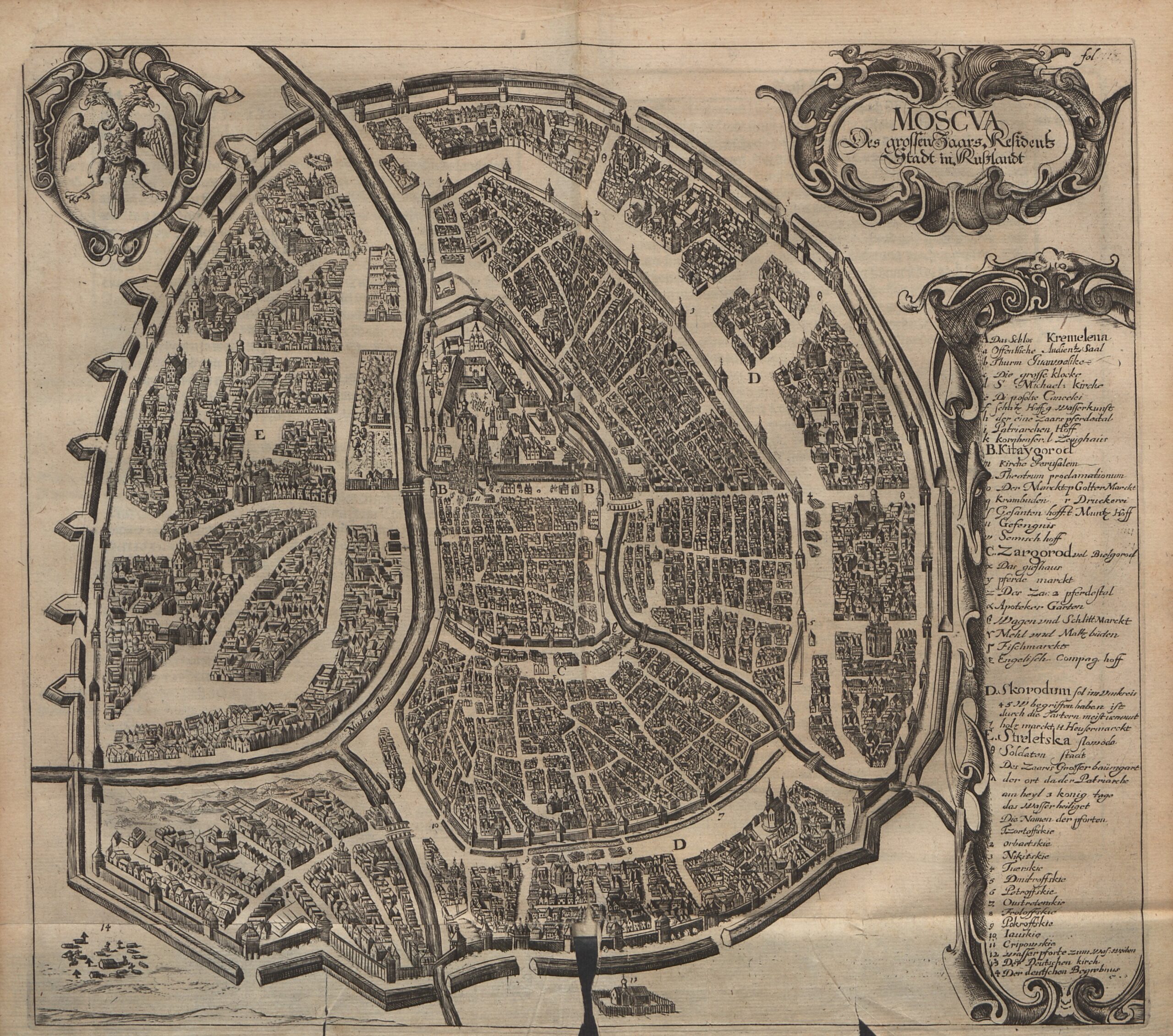План Москвы с обозначениями городских частей. Издание 1656 года. Национальная библиотека Польши, Polona.