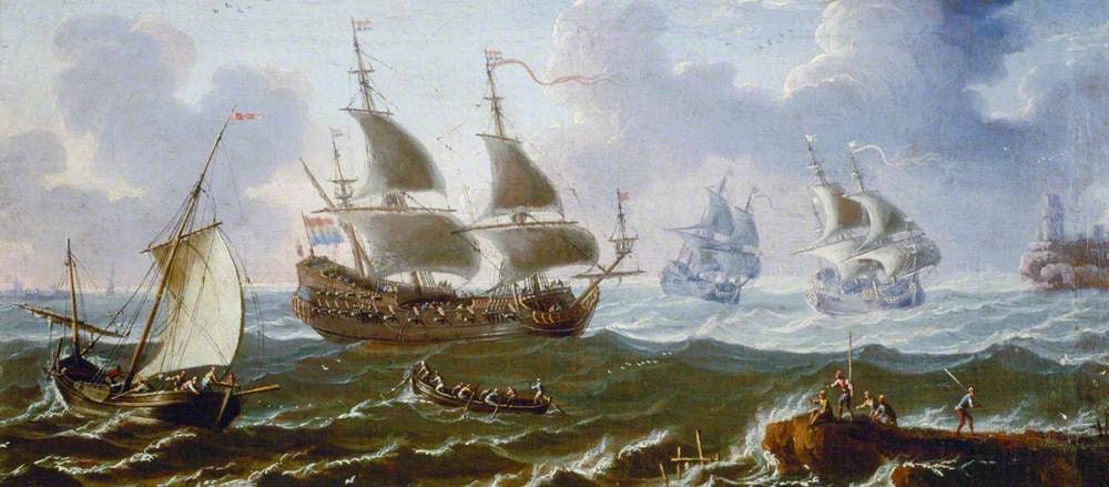 Похожая картина морской битвы XVII века, не исследуемое полотно; автор изображения не установлен